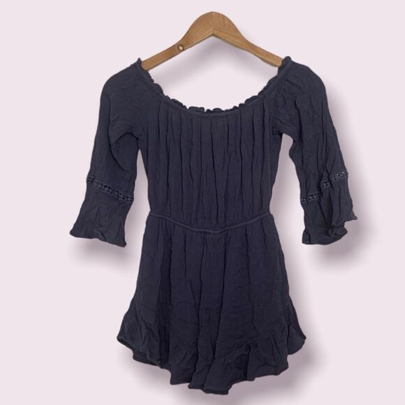 Elegant Unique Celtic Flowy 3/4 Sleeve Navy Blue Romper with Knit Lace Ruffles - Picture 5 of 11